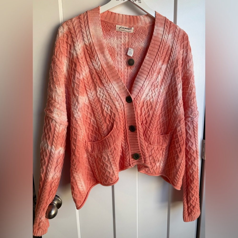 NWOT! Free People Washed Ashore Cable Knit Cardigan Pink Cloud Combo Medium - Picture 2 of 7